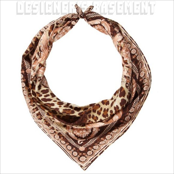 VERSACE beige Wild Barocco CROWNS brown LEO Spots 35" Silk scarf NWT +🎁envelope - Picture 6 of 6